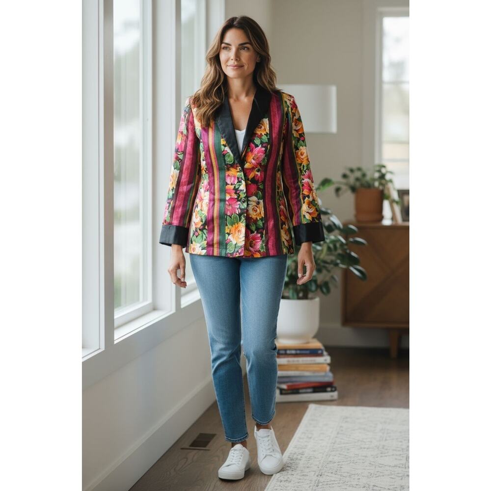 Victoria's Secret Vintage Gold‎ Label Floral Satin Small Jacket Smoking Jacket